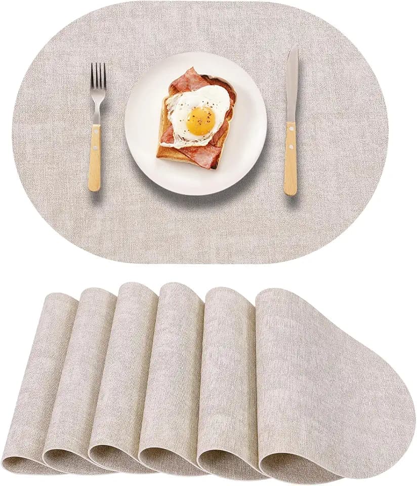 Oval Placemats Set of 6,Beige Faux Leather Reversible