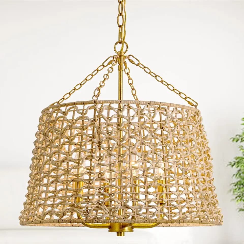 20" Hand-Woven Rattan Chandelier Light Fixture 4-Light Gold Foil Vintage Farmhouse Bamboo Chandeliers with Adjustable for Kitchen, Dining Room, Living Room,UL Listed(E12 Base)
