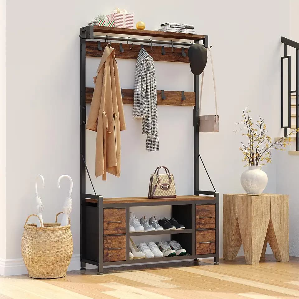 39" Hall Tree with Storage Coat Rack freestanding Entryway Furniture Bench, 5 in 1 Design Front Door Shoe Rack and Wall Rack Hooks, and 4 Drawers (Rustic Brown)