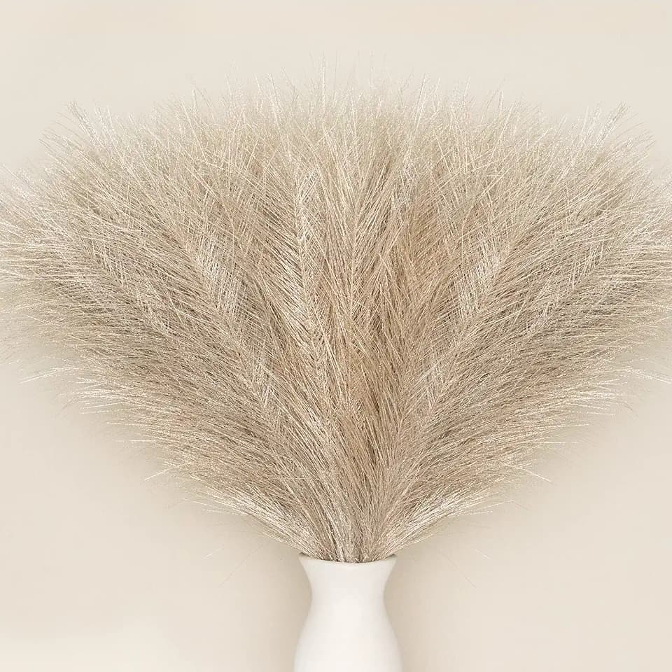 Faux Pampas Grass Boho Decor, Pusuny 5PCS 18" Artificial Pompas for Farmhouse Home Office Wedding Party Decoration, 9 Fluffy Branches | Each Stem Pampas as Vase Filler ( Champagne Gold)