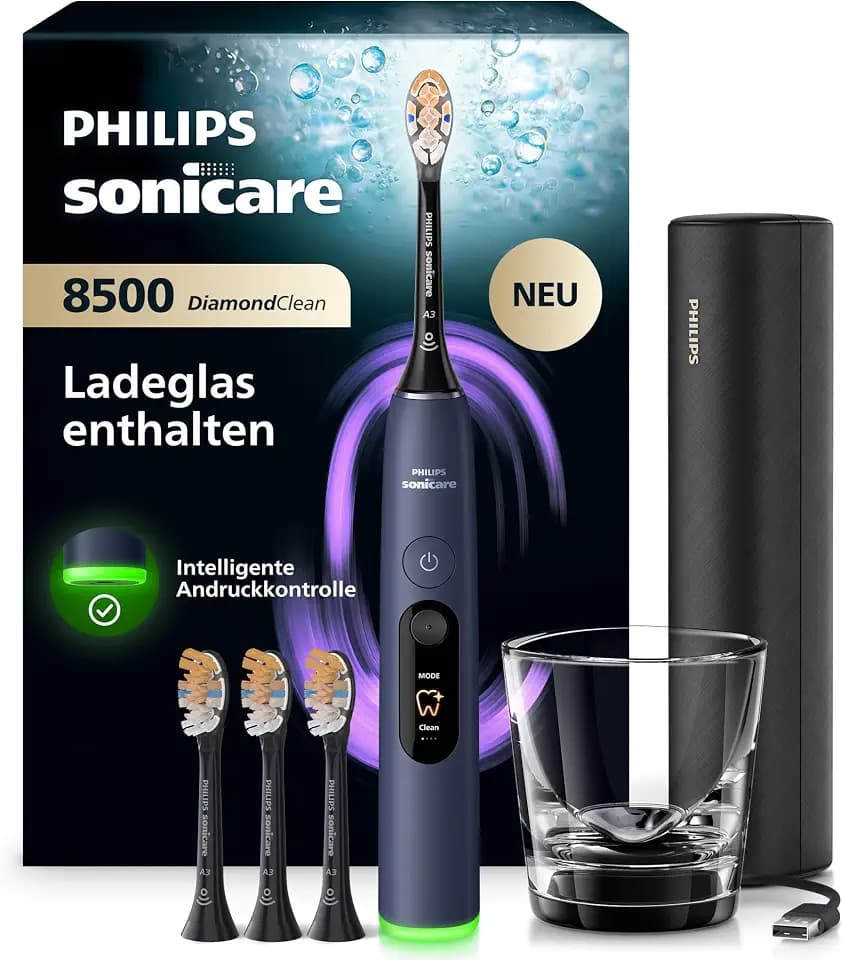 Philips Sonicare Next-Generation DiamondClean 8500 elektrische Zahnbürste - mit intelligenter Andruckkontrolle und 18 Einstellungen, Dunkelblau, HX8515/13