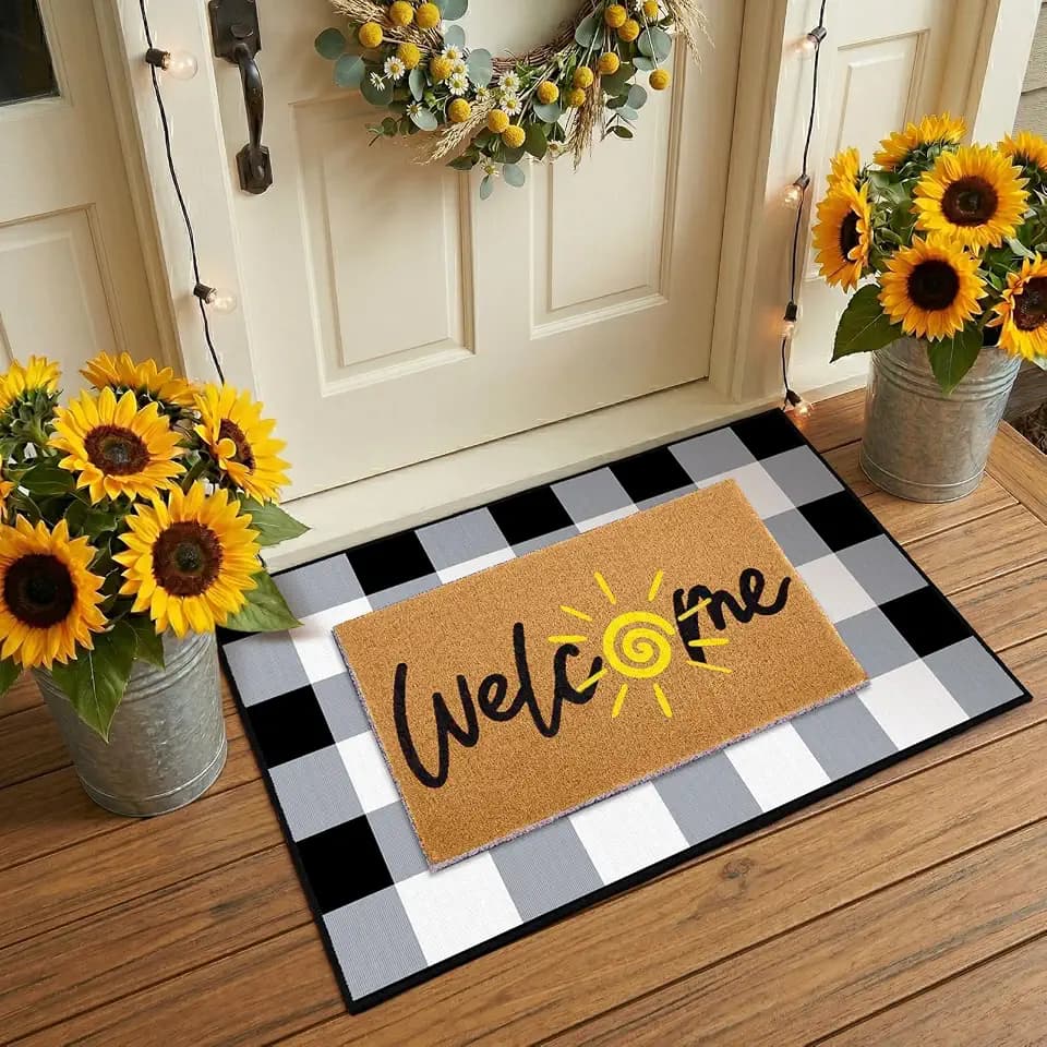 2 Pcs Summer Welcome Door Mat Set, Welcome Sun Decorative Front Door Mat and Buffalo Plaid Rug, Washable Entryway Rug for Outdoor Indoor Home Farmhouse Porch Decor, 16x24 and 24x32 Inch