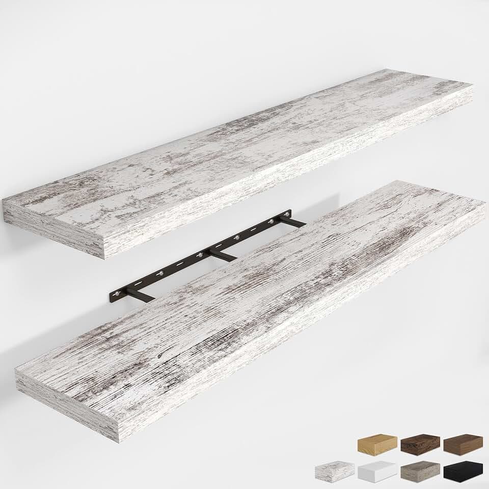 RICHFOCUS Long Floating Shelves for Wall 2Pack|Rustic White|55" Lx8 D