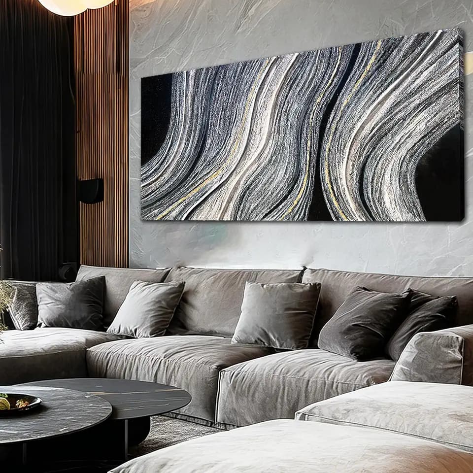 Minimal Abstract Canvas Wall Art Black White Gold for Living Room 29x58 IN