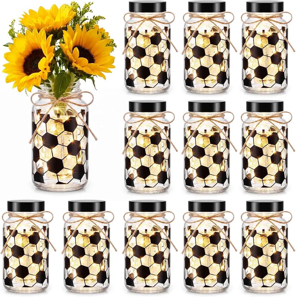 Blushtier 12 Sets Soccer Centerpieces for Table Soccer Mason Jars Vase with LED Light Sport Table Toppers Decor Sport Ball Gifts Party Favors for Men Coach Player Team Birthday Party Supplies