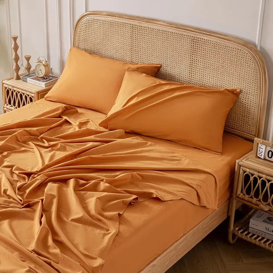 Yibeizi Orange 100% Washed Cotton Linen Feel Sheet Set Queen Size