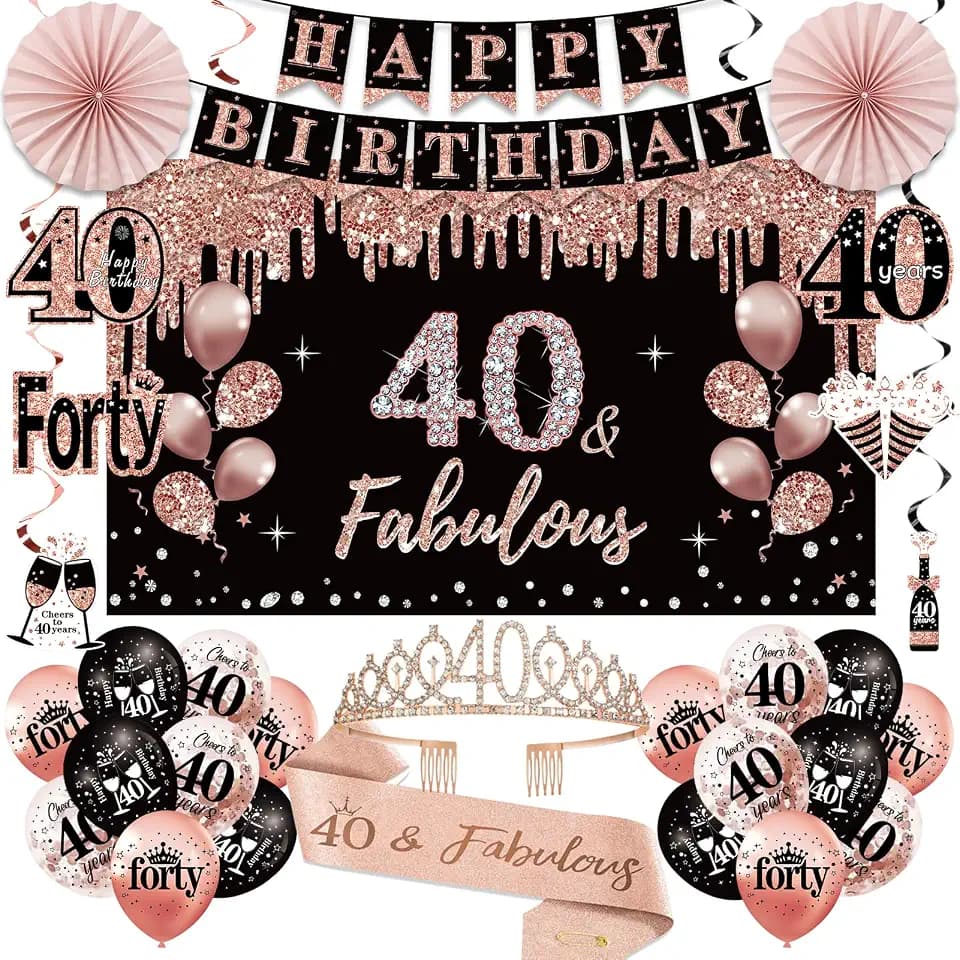 40th Birthday Decorations for Women, Happy 40th Birthday Banner Crown Sash