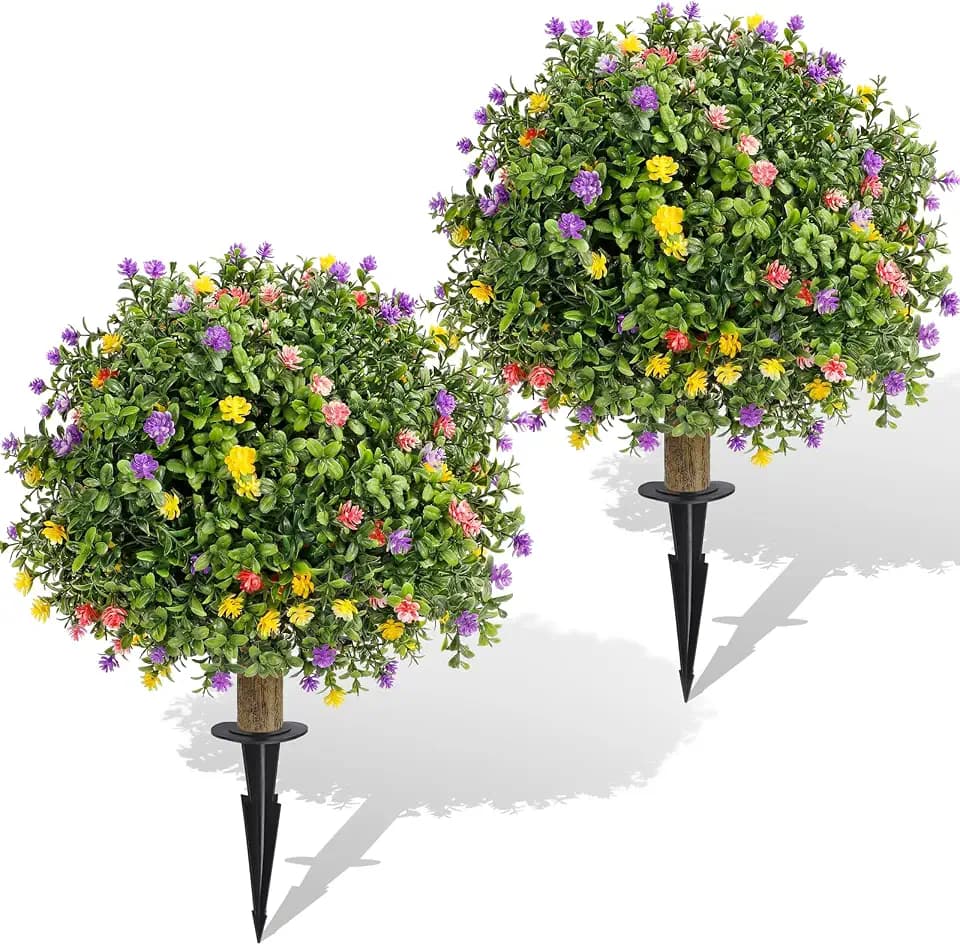 Set of 2 Artificial Colorful Blossoms Spherical Tree,UV-Resistant Faux Shrub,Outdoor Artificial Plants,Suitable for Gardens,Porches and Outdoor Planters