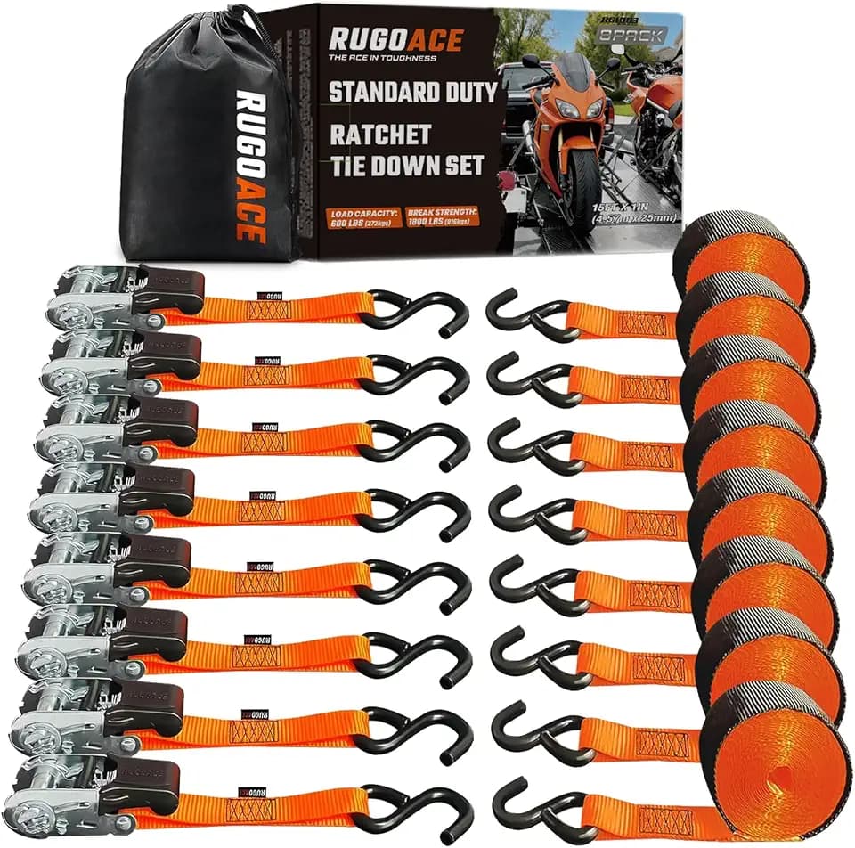 Orange Ratchet Tie Down Straps 1 in x 15 ft 1800 lbs Limit 8-Pack