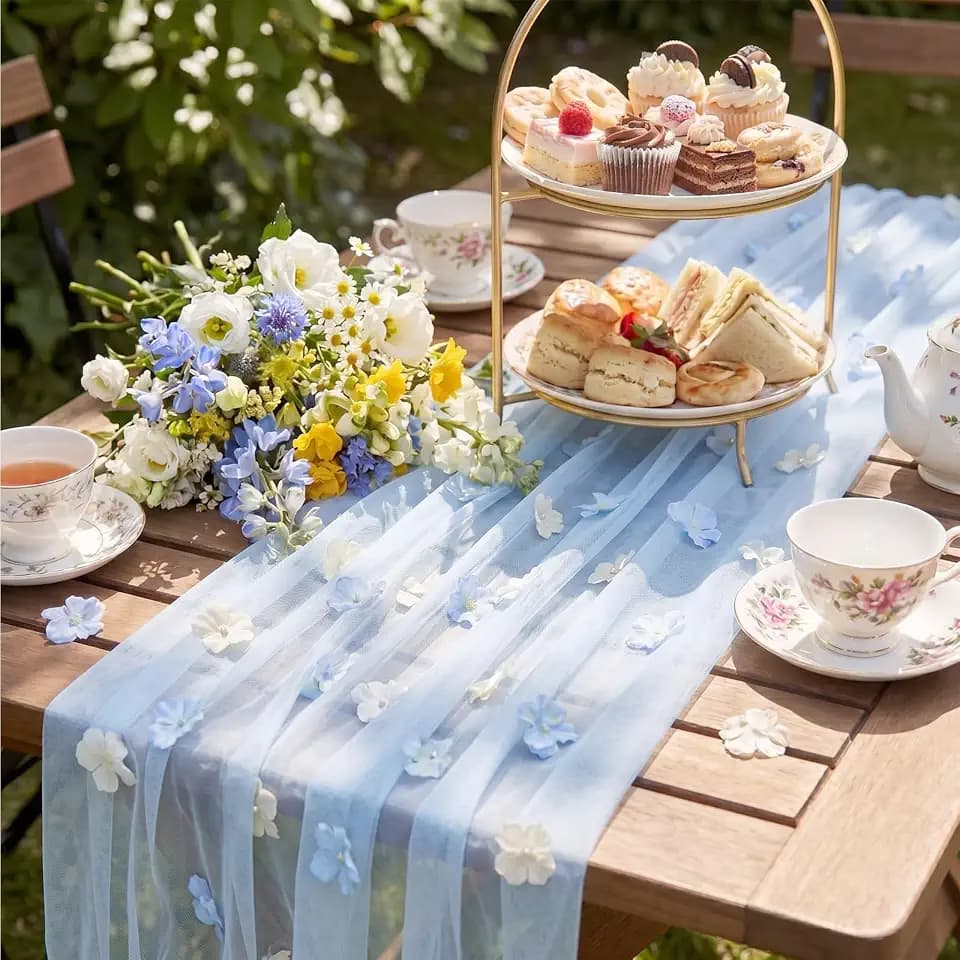 Remagr 9.8 Ft Blue Floral Table Runner Tulle Embroidered for Wedding