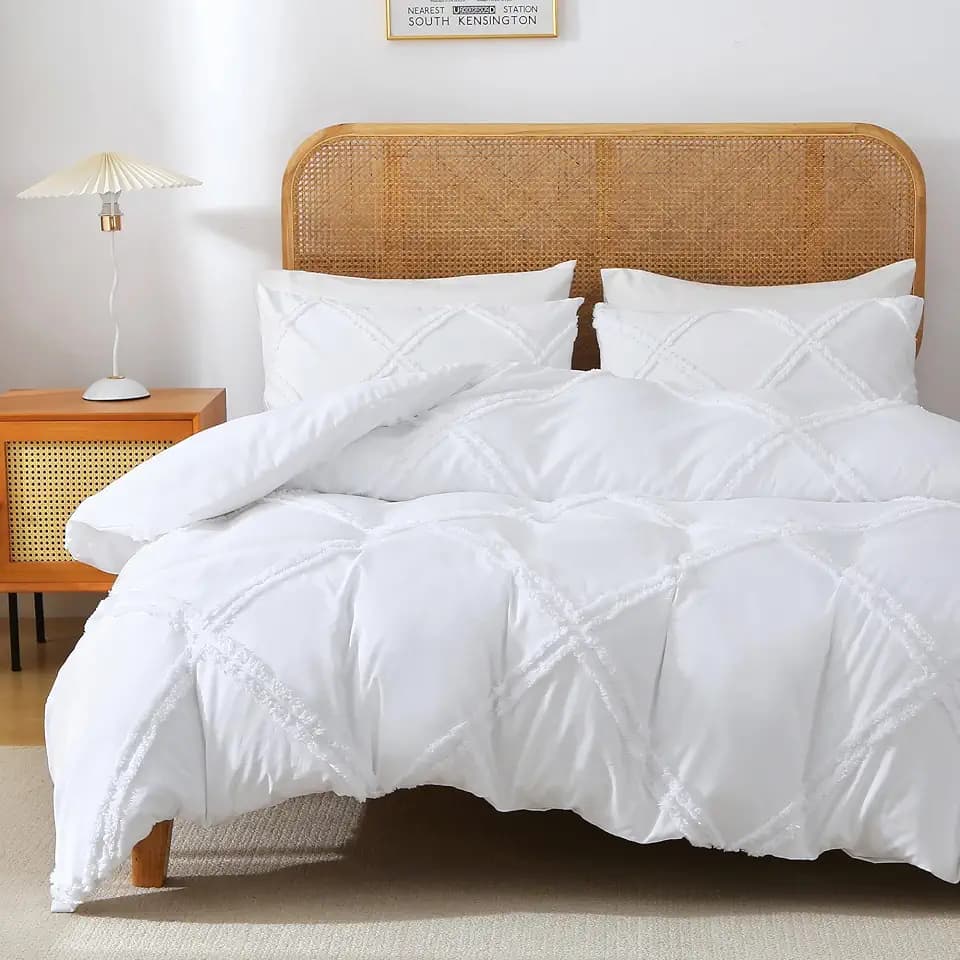 MILDLY Boho Duvet Cover White - Tufted Comforter Cover Set Geometric Textured Jacquard Full Size Bedding Set with Corner Ties & Zipper Closure
