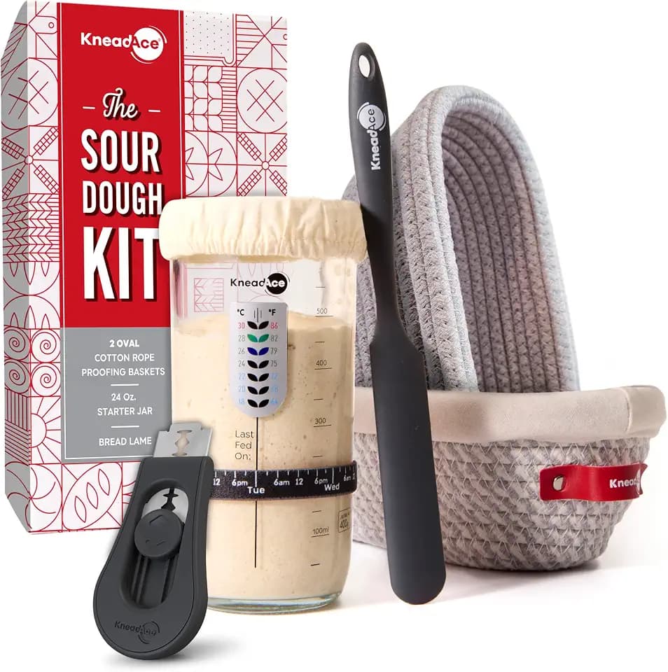 KneadAce Sourdough Starter Kit – 24oz Starter Jar, 2 Cotton Rope Banneton Proofing Baskets, Magnetic Bread Lame for Scoring – Gift for Bakers & Complete Sourdough Bread Baking Set