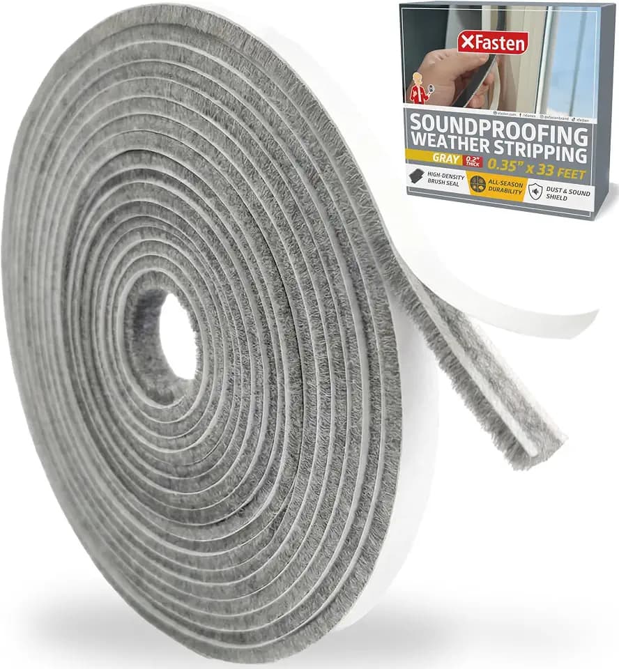 XFasten Self Adhesive Weather Stripping for Windows and Doors, 0.35" x 33 Ft Soundproofing Door Brush Seal Draft Stopper, Gray Insulation Seal Strip for Summer Heat, Winter Draft Blocker, 0.2" Thick