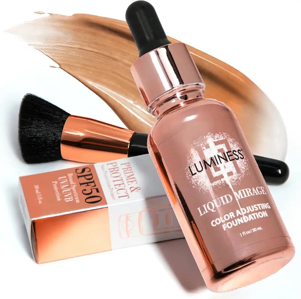 LUMINESS Liquid Mirage w/SPF 50 Color Adjusting Foundation Kit - Color Changing Foundation, SPF 50 Primer & Makeup Brush, Face Makeup for Mature Skin, 4in1 Liquid Foundation, Concealer & Moisturizer