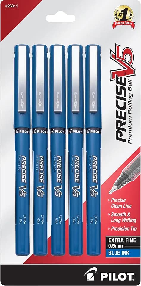 PILOT Precise V5 Rollerball Pens, Extra Fine Point 0.5mm, Blue, 5-Pack