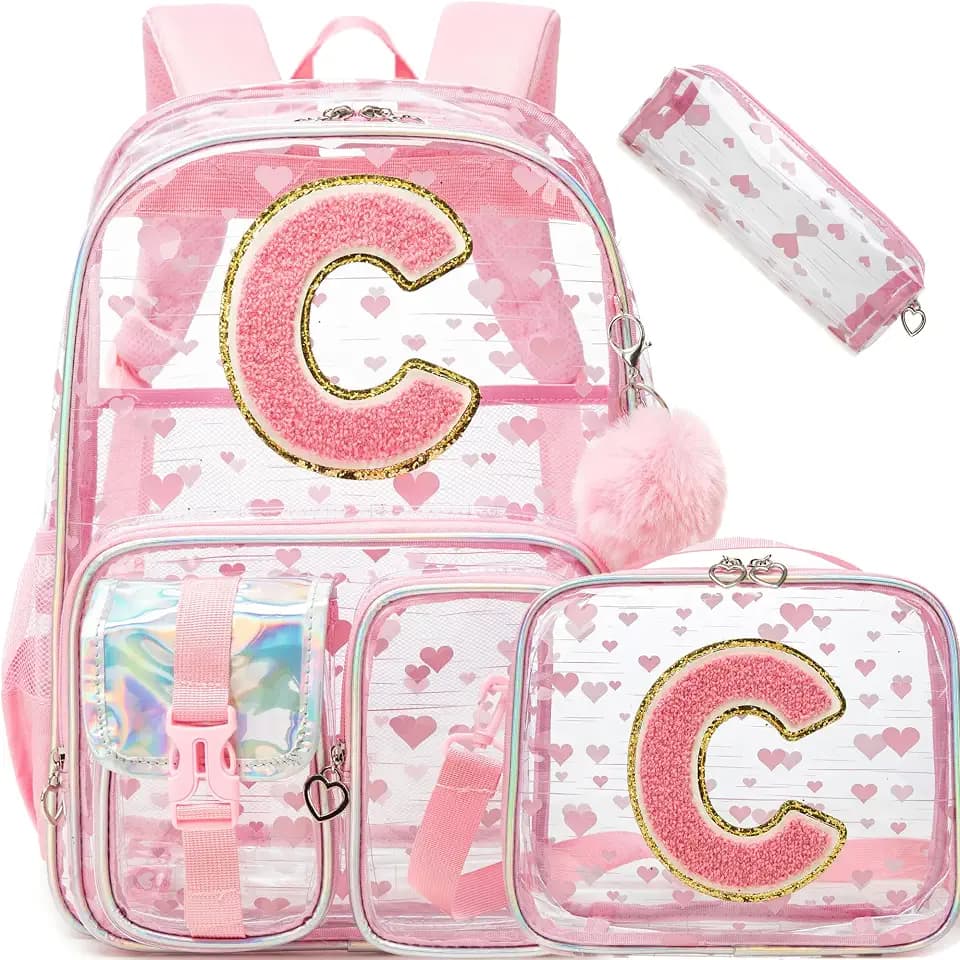 HTgroce Pink Monogram C Heavy duty Clear Backpack Kids Transparent Backpacks for School Girls Elementary Bookbag Stadium Concert College Approved See-Through Bag for Teens and Women