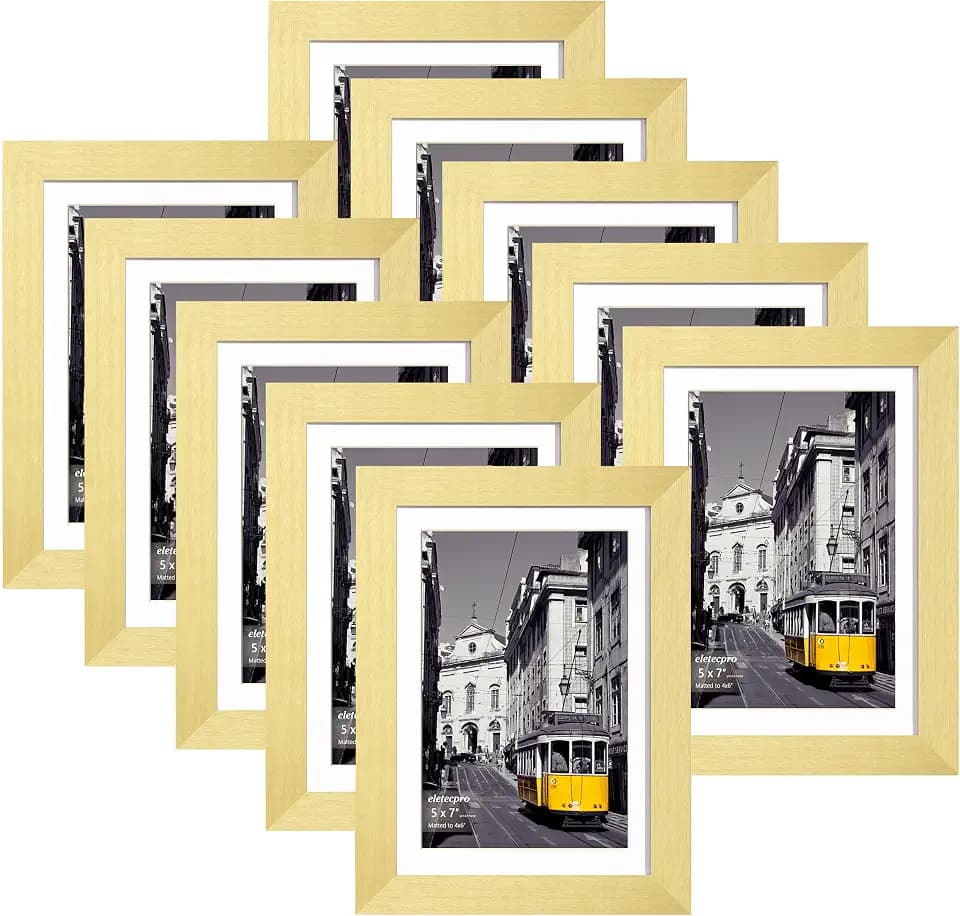 eletecpro 5x7 Picture Frames, Acrylic Cover, Gold, Set of 10