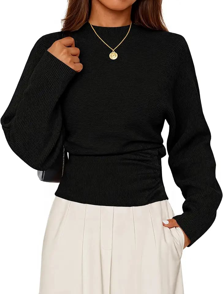 MEROKEETY Women's Fall Mock Neck Batwing Sleeve Sweater Trendy Knit Tops