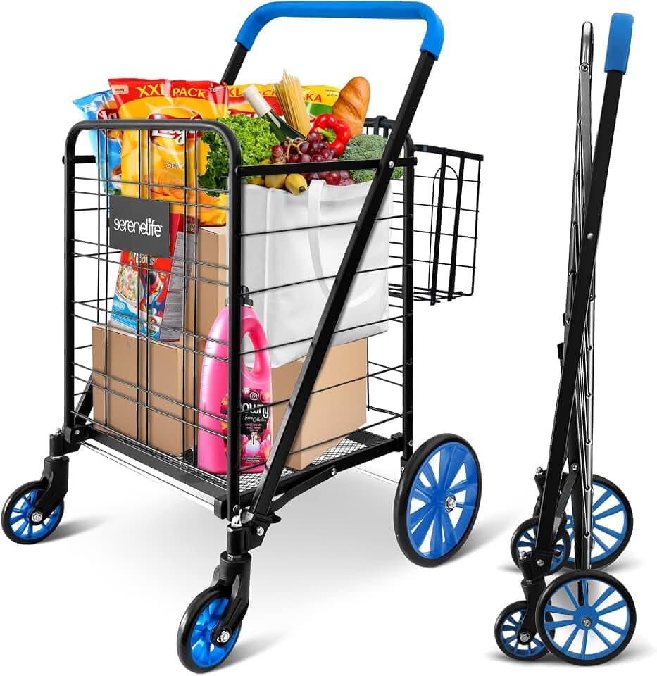 SereneLife Shopping Cart - Swivel Front Wheels, Portable and Collapsible Design, with Detachable Basket, Ideal for Grocery, Laundry, and Shopping, 110 lbs Weight Capacity
