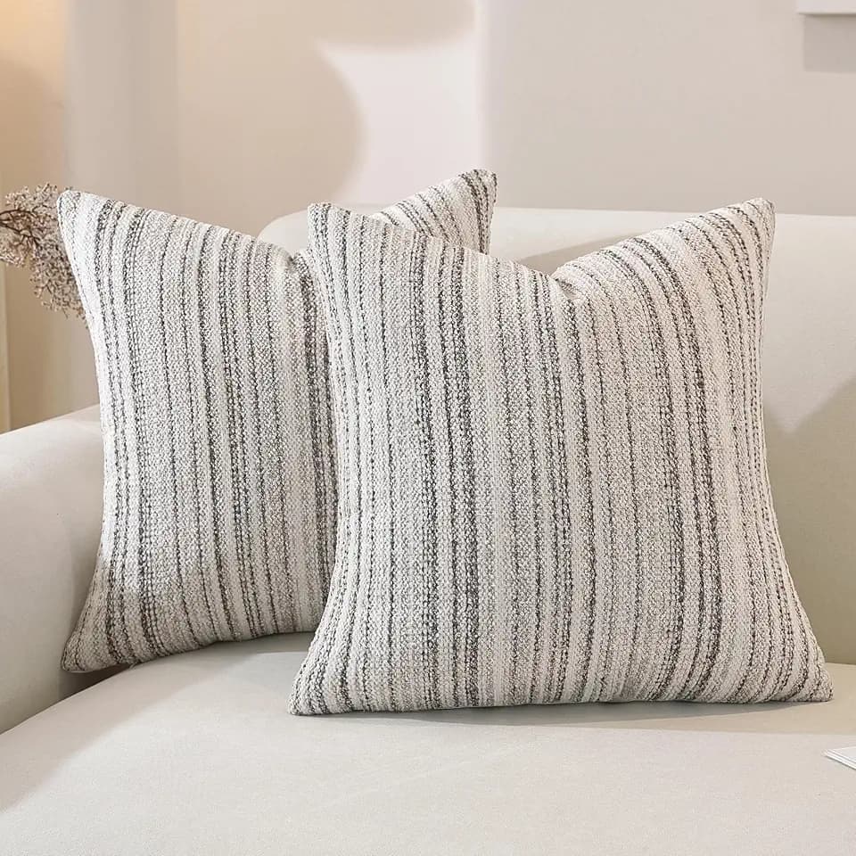 Chenille Throw Decorative Pillow Covers 20x20 Set of 2, Textured Striped Boho Couch Pillow Covers, Cozy Neutral Farmhouse Cushion Cover for Couch Sofa Bedroom Living Room, Colorful Coffee