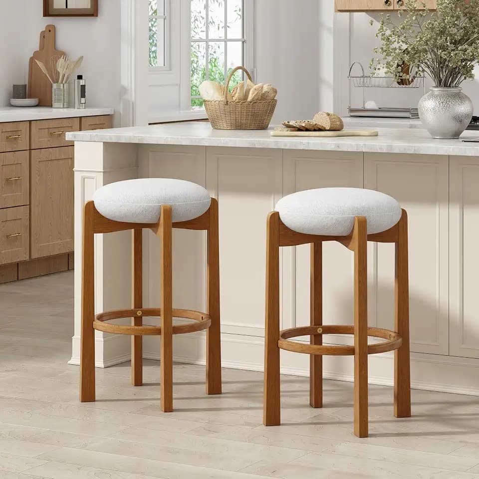 Christopher Knight Home Lilac Modern Counter Height Bar Stools Set of 2, Fabric Round Stool Chair for Kitchen Island, Wooden Dining Room Chair, Upholstered Counter Stool with Footrest, Walnut+Ivory