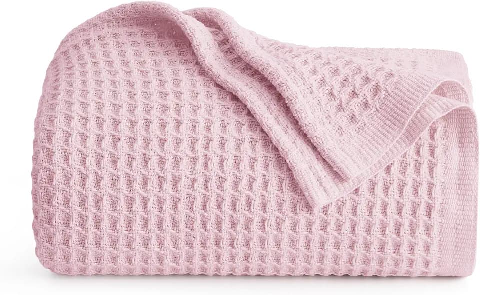 Bedsure 100% Cotton Twin XL Blanket, Waffle Weave, Light Pink, 66"x90"
