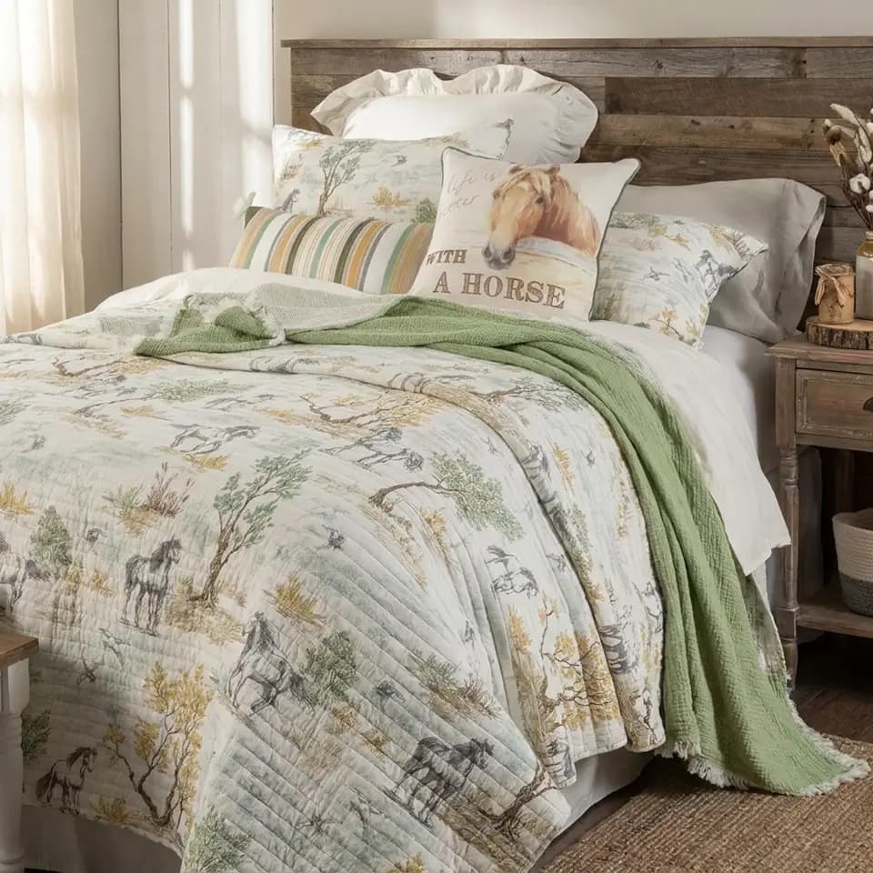 Graystone Meadow Full/Queen Quilt, Horse Toile Western Bedding, Reversible Cotton Bedspread, Green Gray Taupe Tan Brown White, 90x92