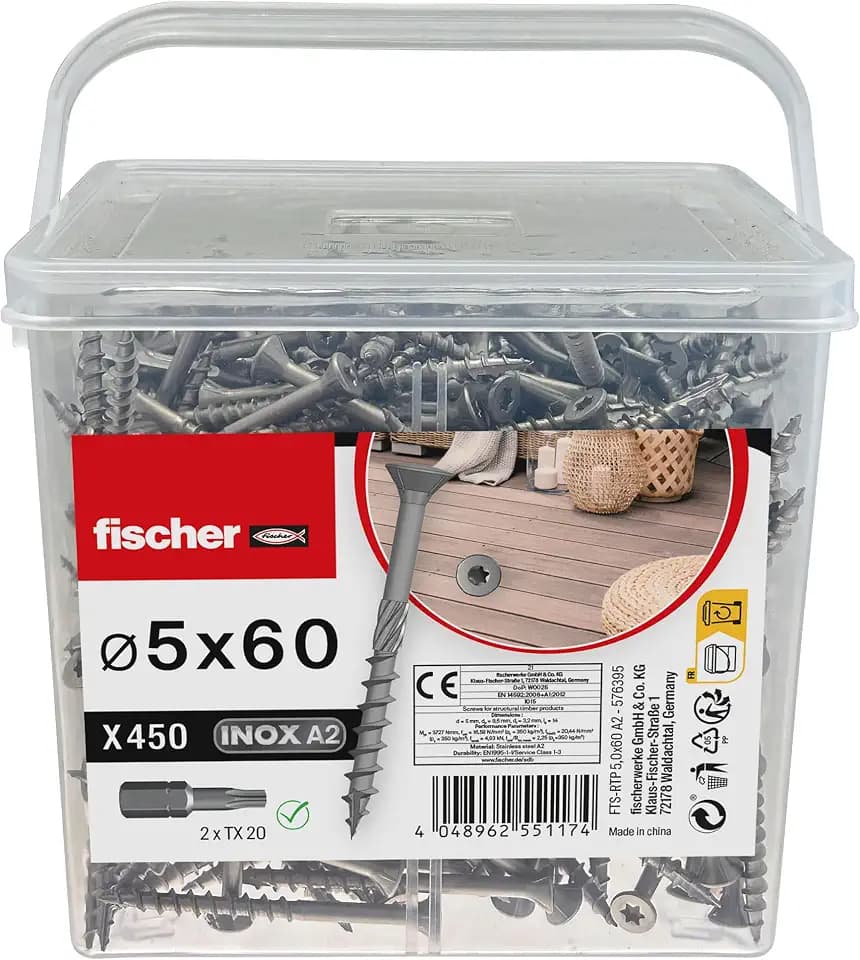 fischer Terrassenschraube FTS-RTP 5,0 x 60 BT im Eimer, Linsensenkkopf, TX-Antrieb, Teilgewinde, Edelstahl A2, für Terrassendielen und Holz-Unterkonstruktionen, 450 x Schrauben und 2 x TX20-Bits