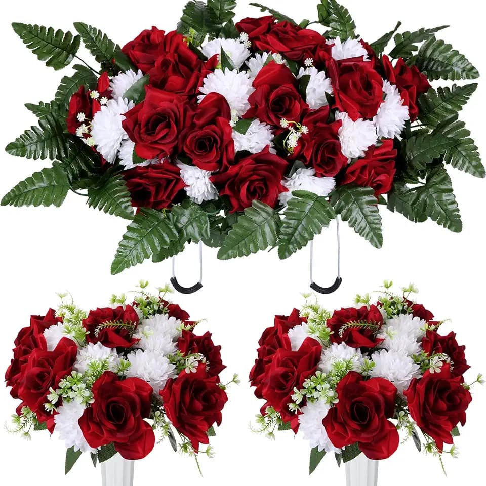 Tigeen 3 Pcs Artificial Cemetery Flowers for Grave Headstone Saddle