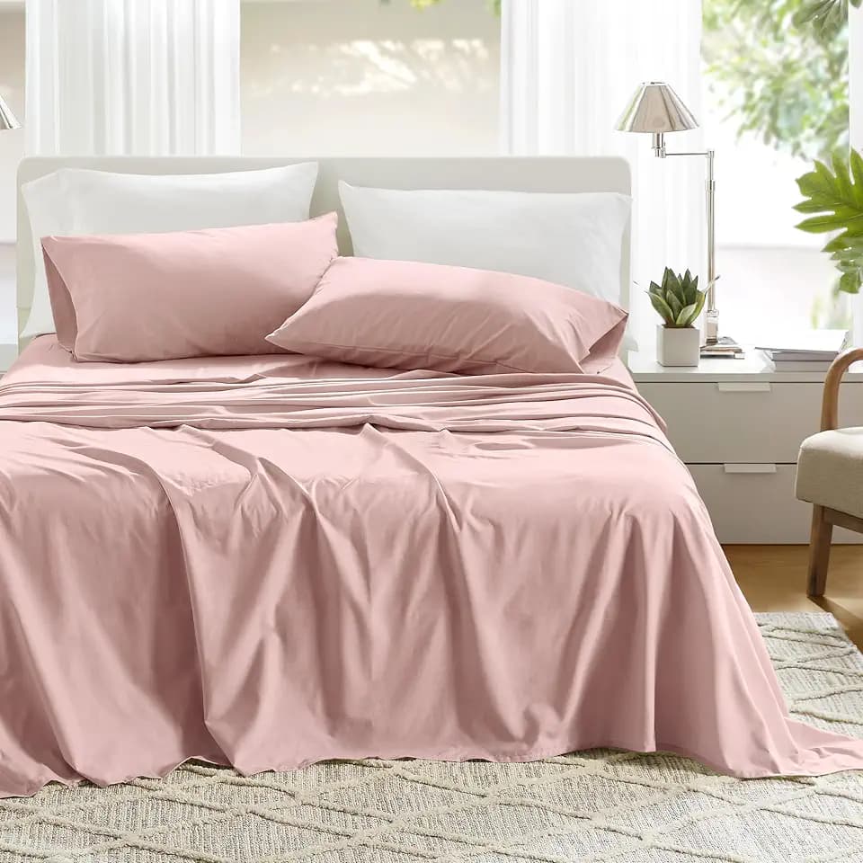 Comfort Spaces 100% Cotton Percale Sheets Queen Sheet Set 4 Pcs, Pink