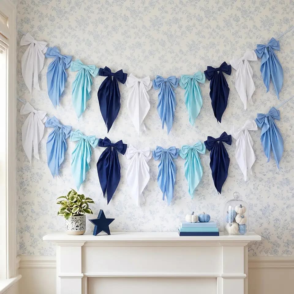 Boao 2 Pack Coquette Bow Garland Banner, 6.5ft Pre-Strung Satin Ribbon Bow Garlands, 20 Big Double-Layer Bows 7.9 x 15 in, Blue White 4 Colors for Birthday, Baby Shower, Gender Reveal