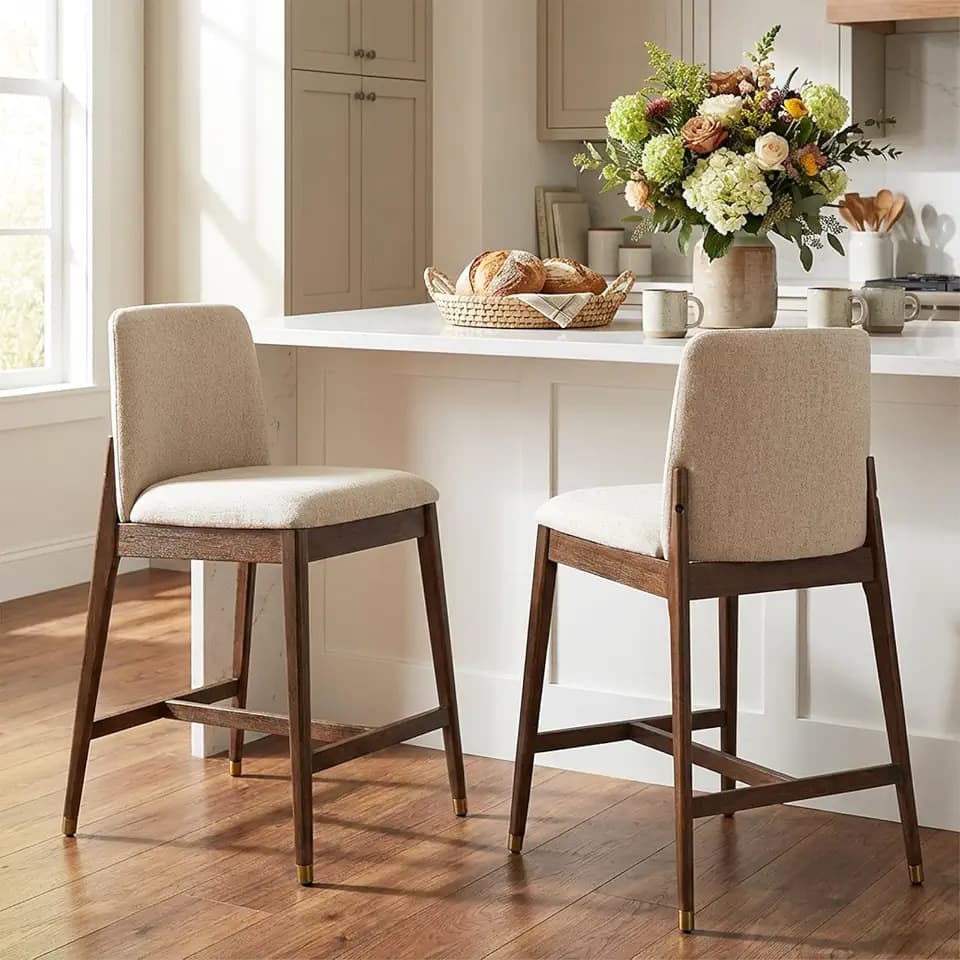 Christopher Knight Home Clara 26.75" H Bar Stools Set of 2, Indoor Wooden Counter Stools with Upholstered Seat, Rubberwood Frame with Footrest for Kitchen Island or Dining Bistro, Beige + Walnut