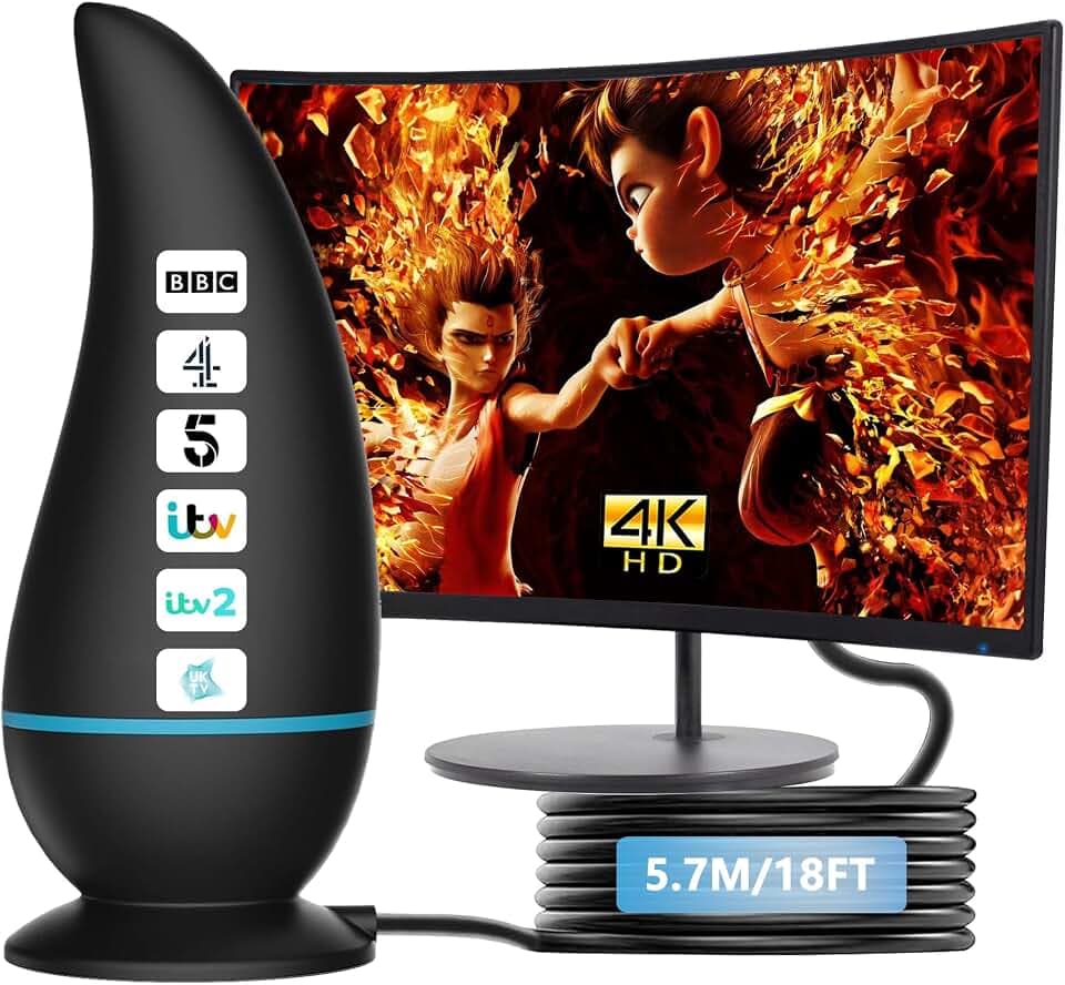 TV-Antenne, Freeview Indoor-TV-Antenne 560+ Meilen Reichweite, 360° Empfang, verstärkte Unterstützung, 1080P 4K HD Digitalverstärker, Signalverstärker für 4K 1080P HD lokale Kanäle und alle älteren