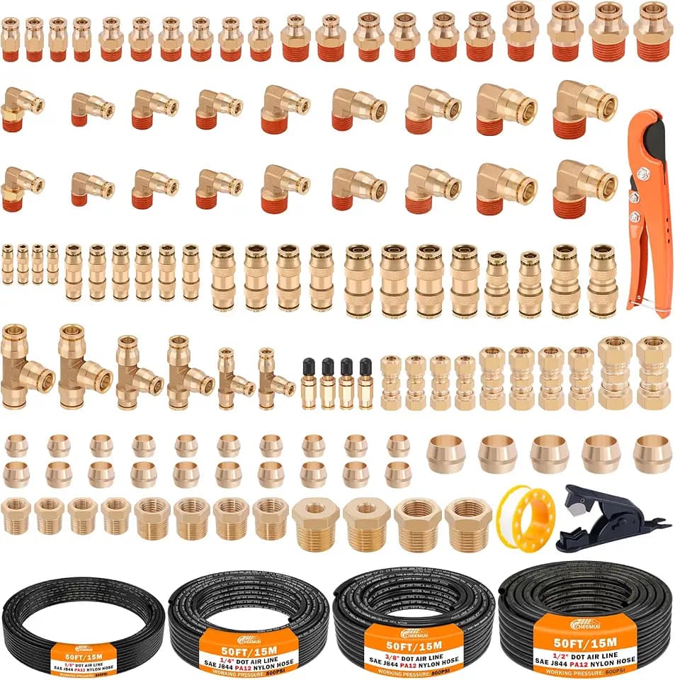 CheeMuii 124PCS Brass DOT Air Line Fittings with 4 Roll 50FT DOT Air Lines