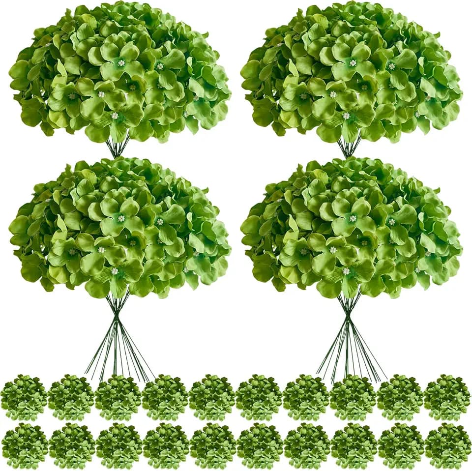 100 Pcs Faux Deep Green Hydrangea Artificial Flowers Bulk, Fake Silk Hydrangea Flowers Heads with Stems for Wedding Decorations Garden Party Baby Shower Porch Home Decor Table Centerpieces