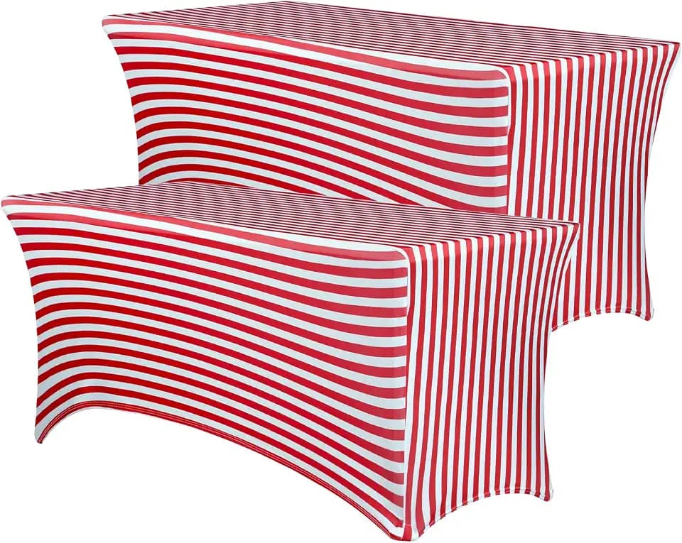 Mindsoft 2 Pack Rectangular Spandex Tablecloth 6ft (Striped Red, White)