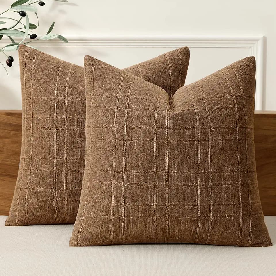 MIULEE Linen Plaid Pillow Covers Fall Decorative Euro 24x24 Camel Brown