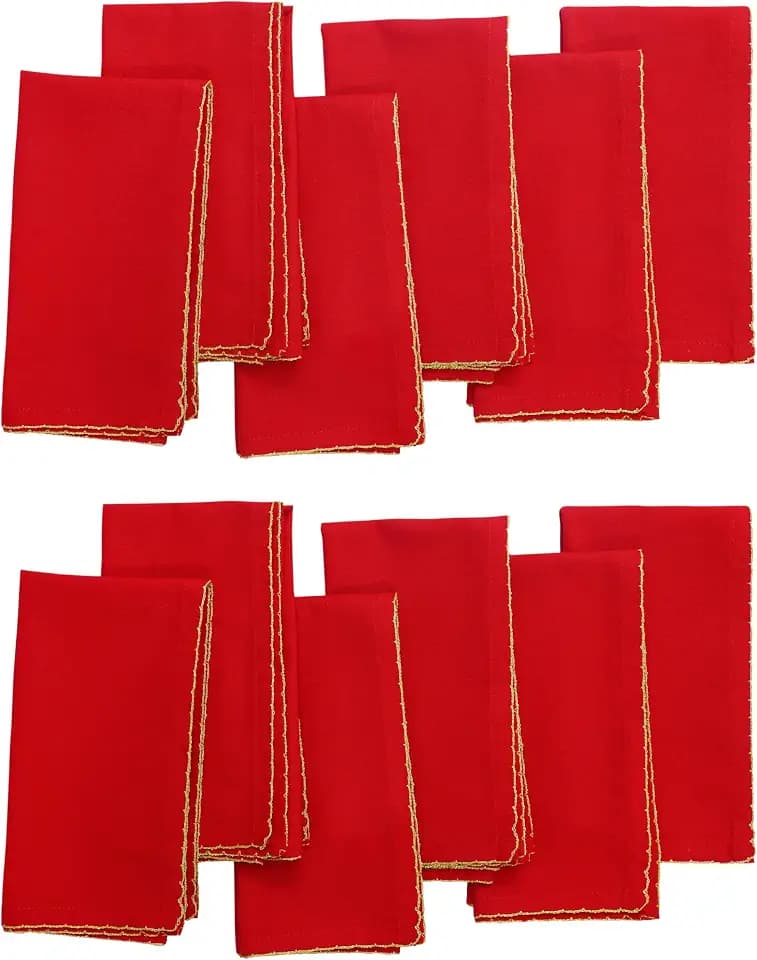 COTTON CRAFT Red Cloth Napkins with Gold Trim - 12 Pack Christmas Napkins