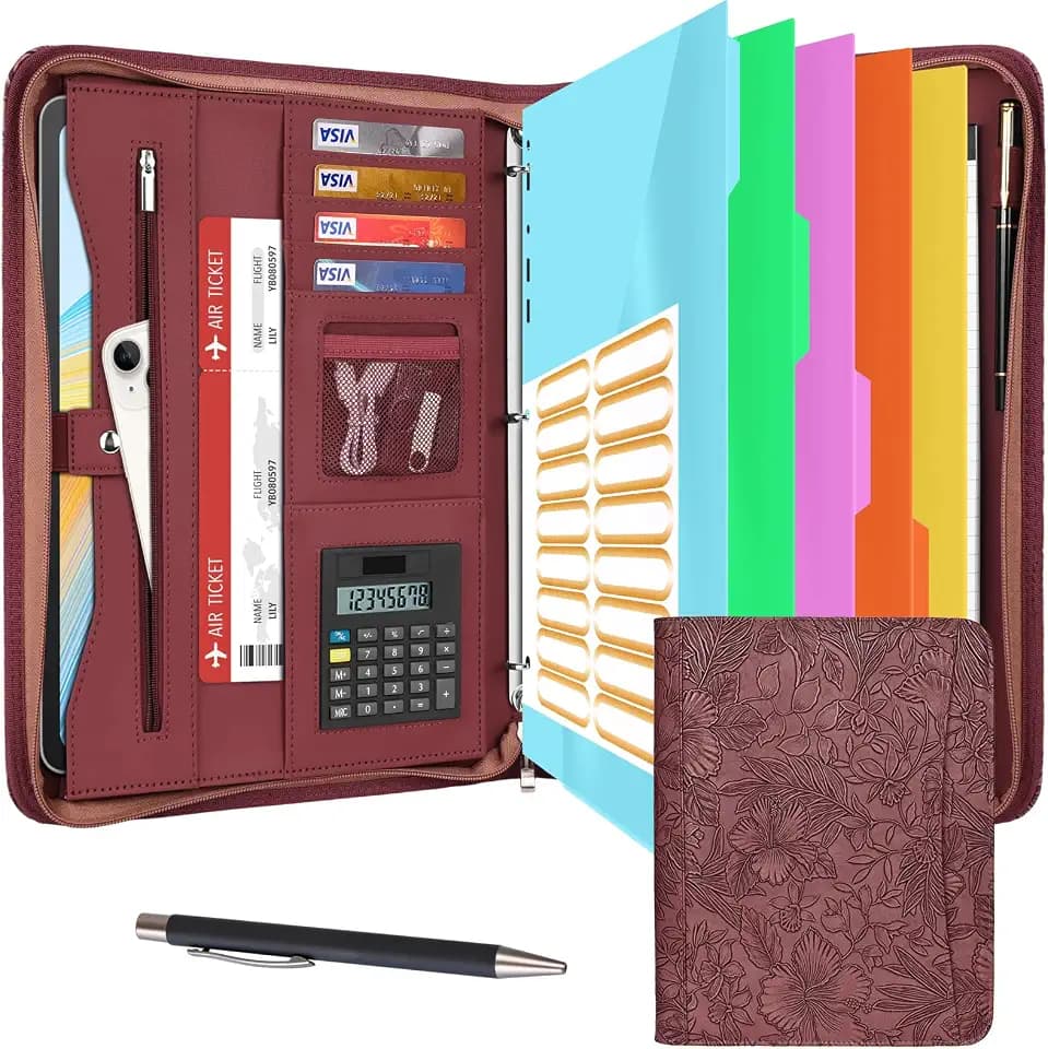Eshow Portfolio Organizer - 3 Ring Binder with Zipper, Vegan Leather Business Padfolio Folder with Notepad Includes 5 Color Sheet Protectors for Documents Files for Men Women