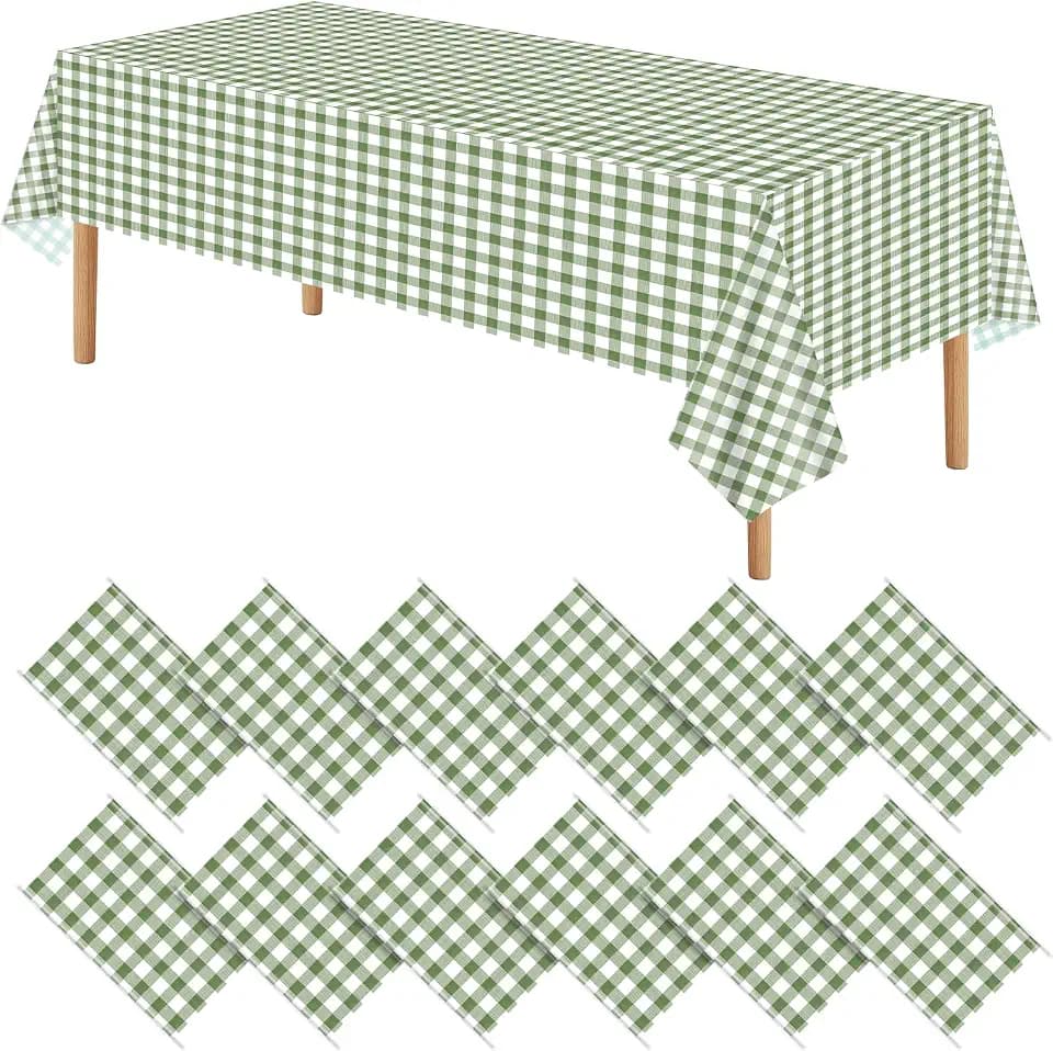 12 Pack Sage Green and White Checkered Tablecloth, 54x108 Inch