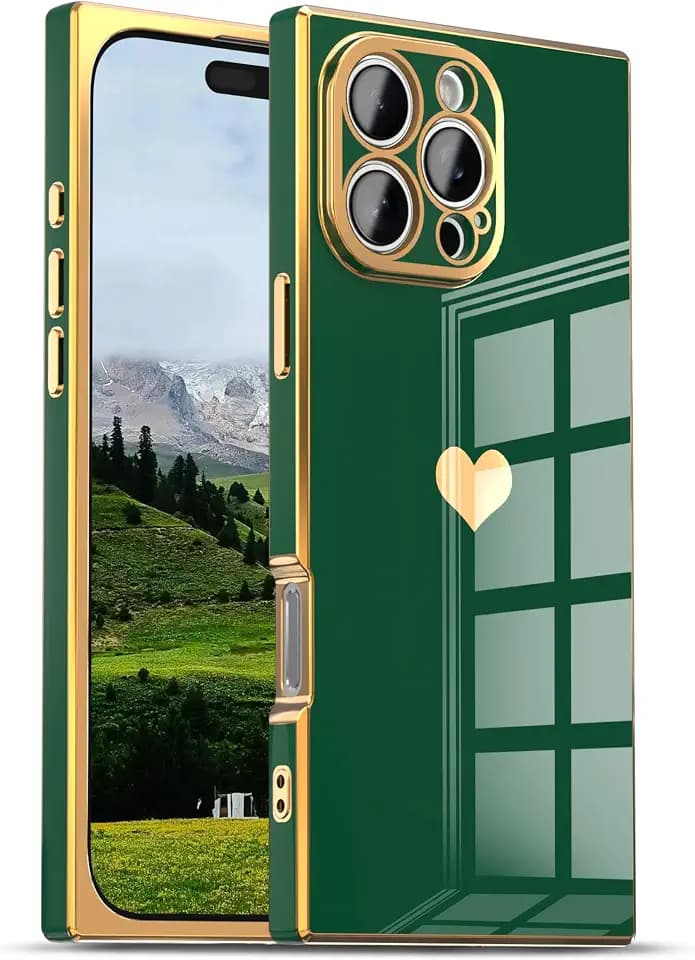IAIYOXI Case for iPhone 15 Pro - Rectangle Design, Full Camera Protection, Cute Heart Pattern, Electroplated Reinforced Corners, Shockproof Edge Bumper,Compatible with iPhone 15 Pro,Green