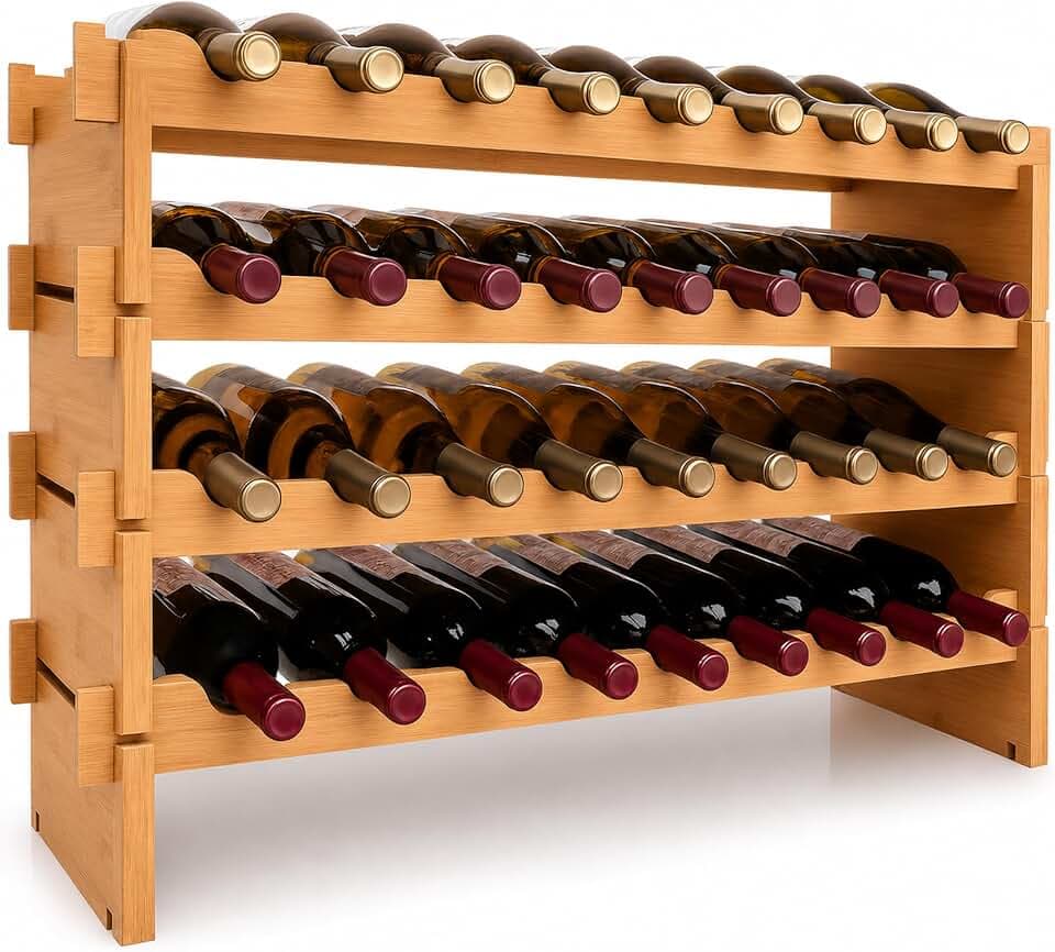 NutriChef 36 Bottle Wine Rack Stackable Bamboo Freestanding, 4-Tier Modular Shelf, Sturdy Wobble Free, Upgraded 2026 Design, Easy No-Tool Assembly for Kitchen, Cellar or Bar Storage 33.5" x 10" x 21"