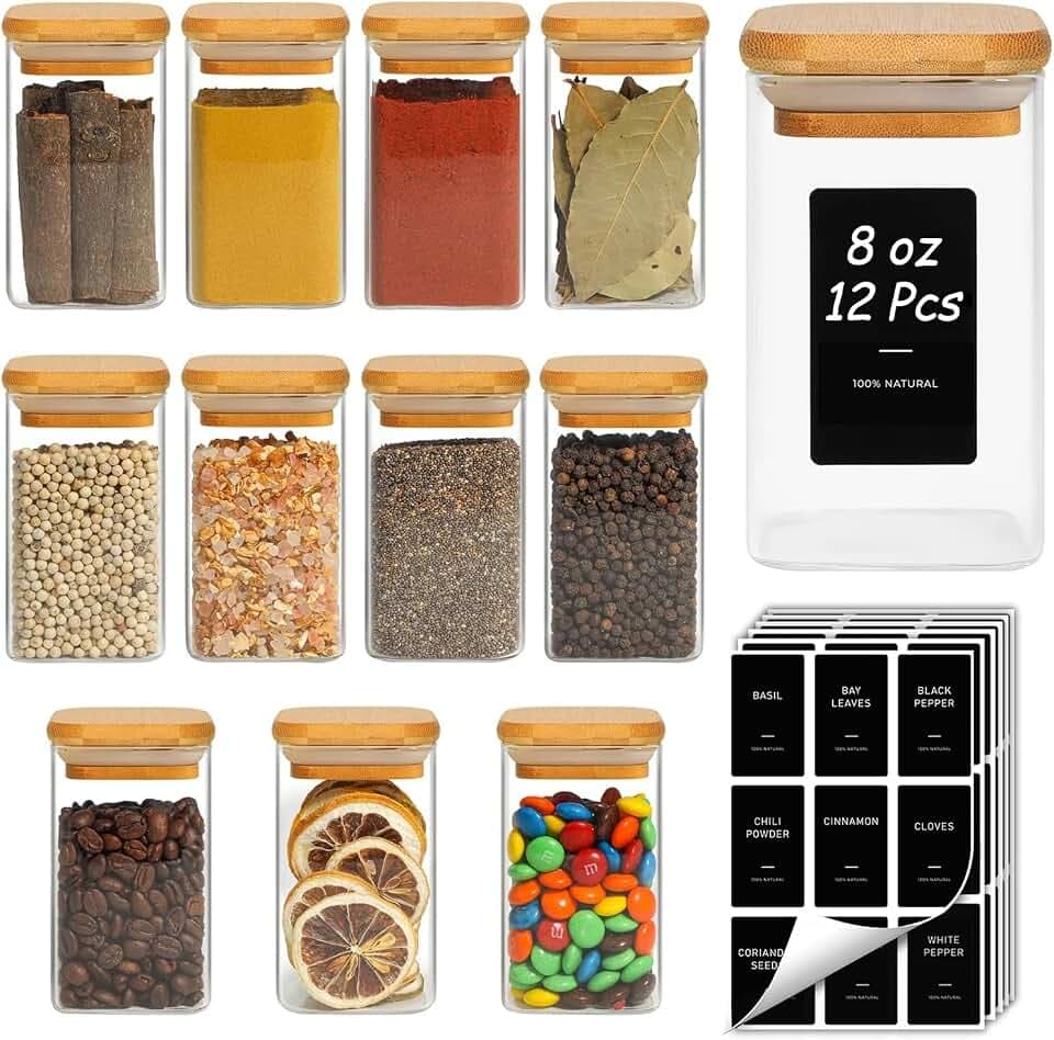 ComSaf Square Glass Spice Jars with Labels 8 oz 12 Pack with Bamboo Lids