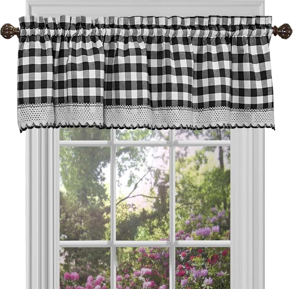 Buffalo Check Valance Curtains, 58 x 14 in, Black & White Plaid