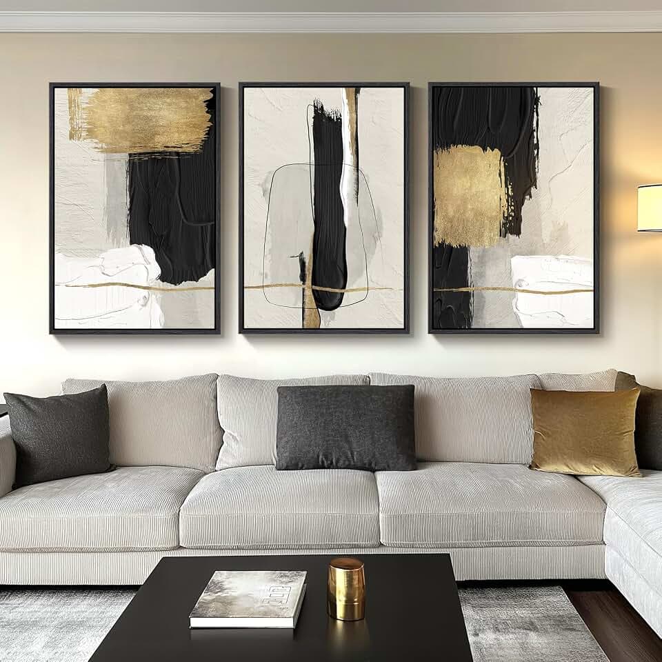Large Framed Black and White Abstract Wall Art for Living Room, 3 Piece