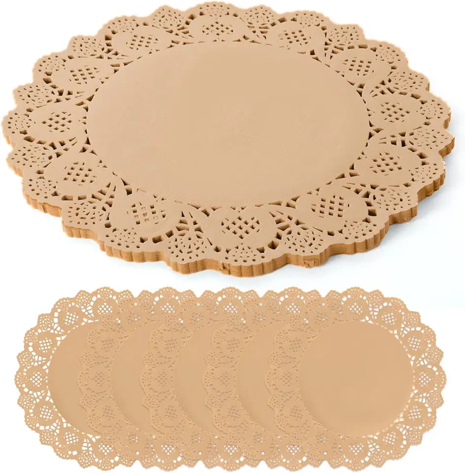 100 Pcs Kraft Paper Doilies Lace Placemats 13.5 Inch Round Disposable Scalloped Edge for Tables (100, Brown)