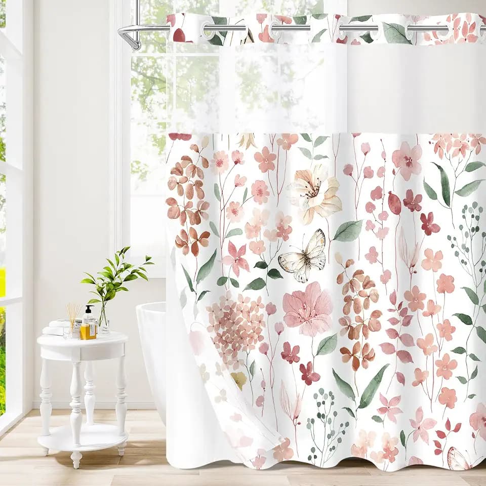 Litabel No Hook Pink Watercolor Floral Shower Curtain and Liner Set, 72x74