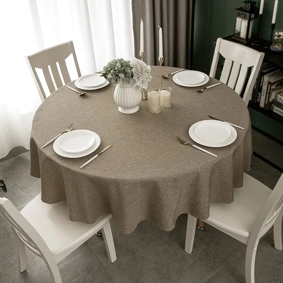 Qidordour Round Tablecloth, 48 inch Diameter, Faux Linen Table Cloth, Water Resistant Spill-Proof Wipeable Polyester Dining Table Cover for Kitchen Cafe Restaurant Buffet Tabletop Decoration, Flaxen