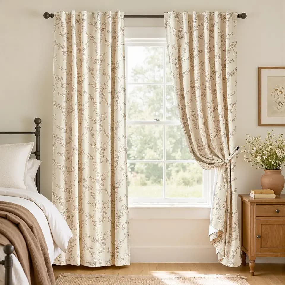Lazzzy Blackout Vintage Floral Linen Curtains Taupe on Beige 50×90 2 Panels