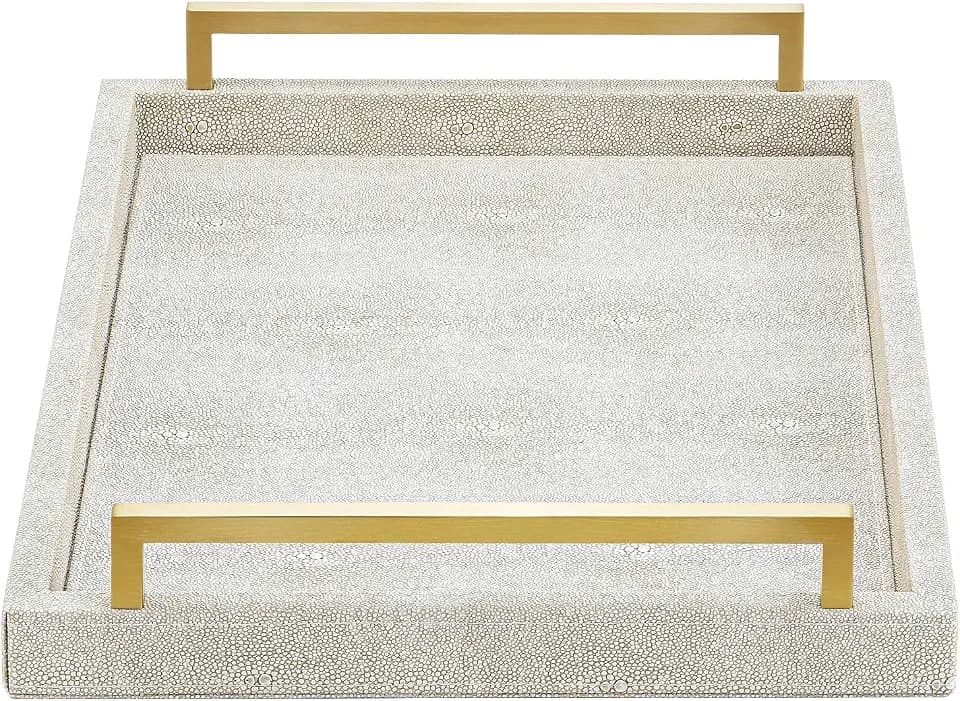 XIGEXIGE Ivory Shagreen Decorative Tray Large Rectangle Coffee Table Tray for Ottoman Faux Leather Serving Tray with Brushed Gold Handles